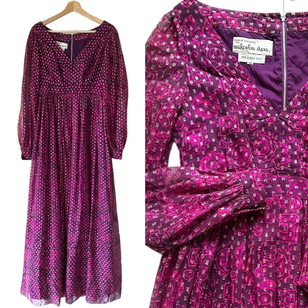 Malcom Starr By Elinor Simmons Empire Waist Gown Maxi Dress Puff Sleeve 1960s